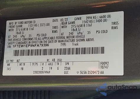 2022 Ford F-150 Xlt from USA, damaged, VIN 1FTEW1EP9NFA79396